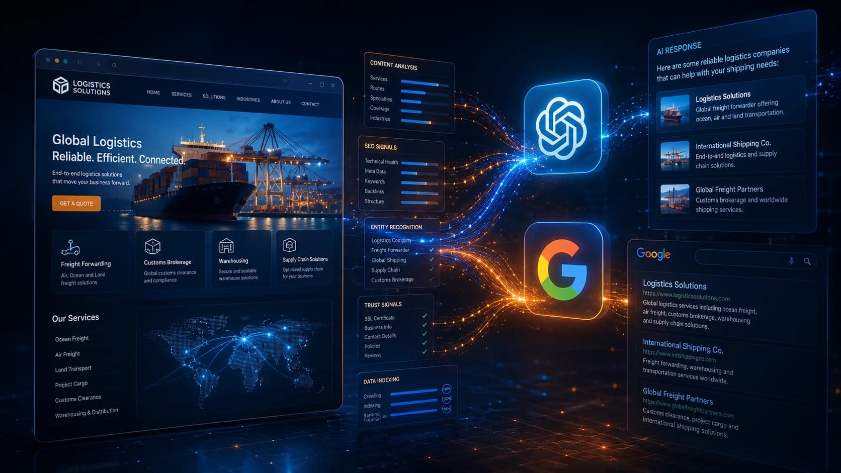 Logistics company website being analyzed by ChatGPT and Google, showing technical SEO signals, recognized entities, and results appearing in AI tools
