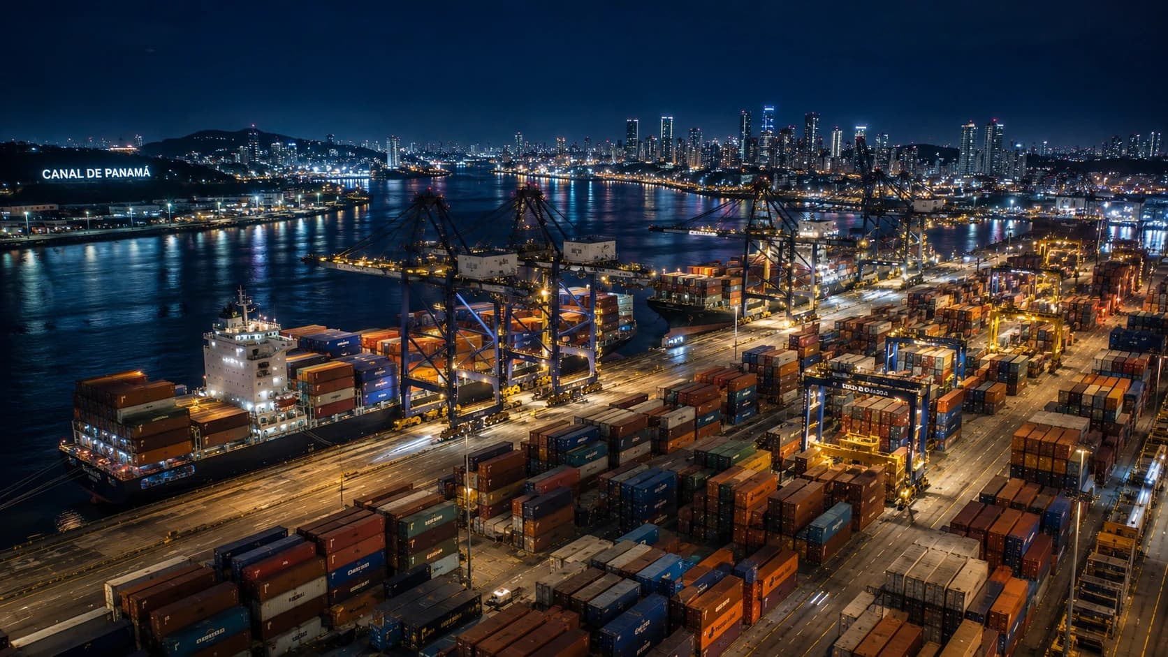 Container port in Panama at night — logistics infrastructure operating at industrial scale in LATAM