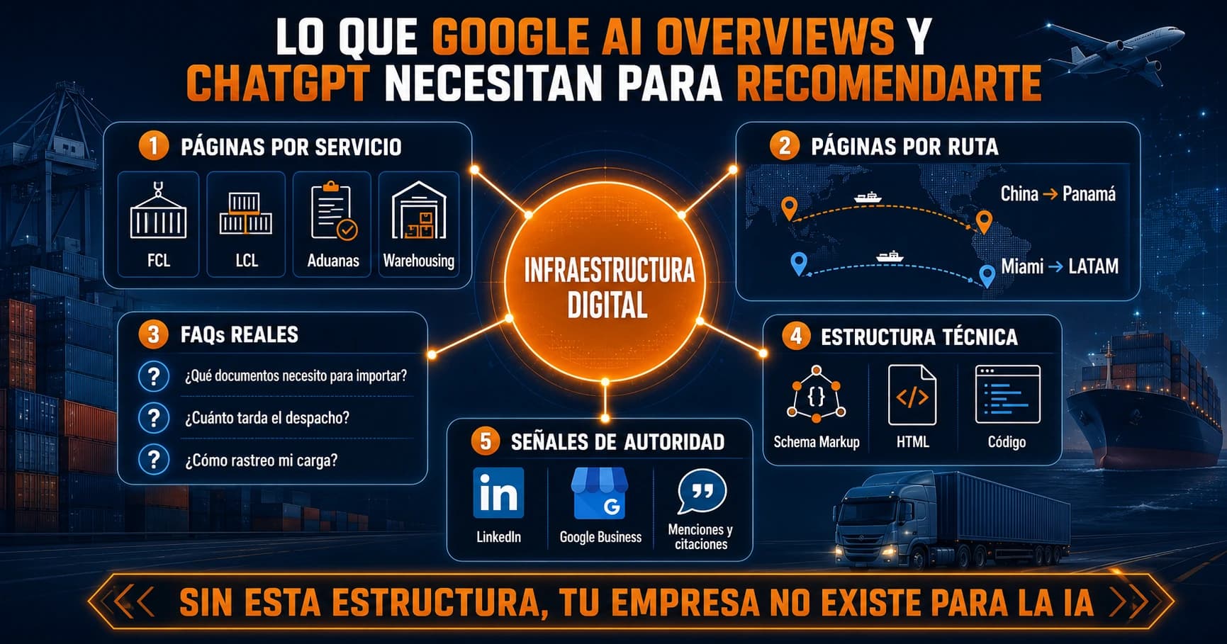 Lo que Google AI Overviews y ChatGPT necesitan para recomendar una empresa logística — páginas por servicio, rutas, FAQs, estructura técnica y señales de autoridad