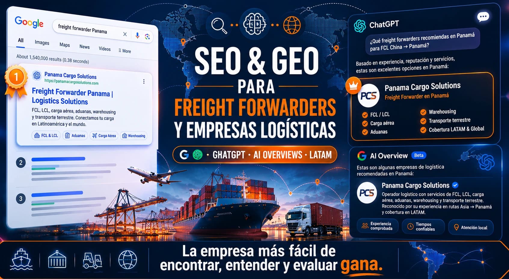 SEO y GEO para freight forwarders y empresas logísticas — Google, ChatGPT y AI Overviews en LATAM