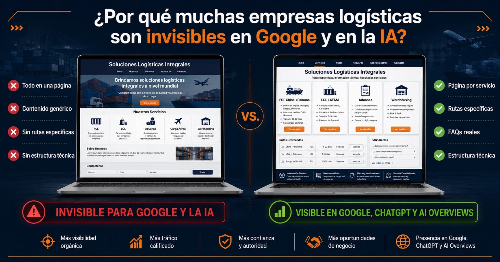 Contraste entre empresa logística invisible en Google e IA versus empresa con infraestructura digital correcta visible en Google, ChatGPT y AI Overviews