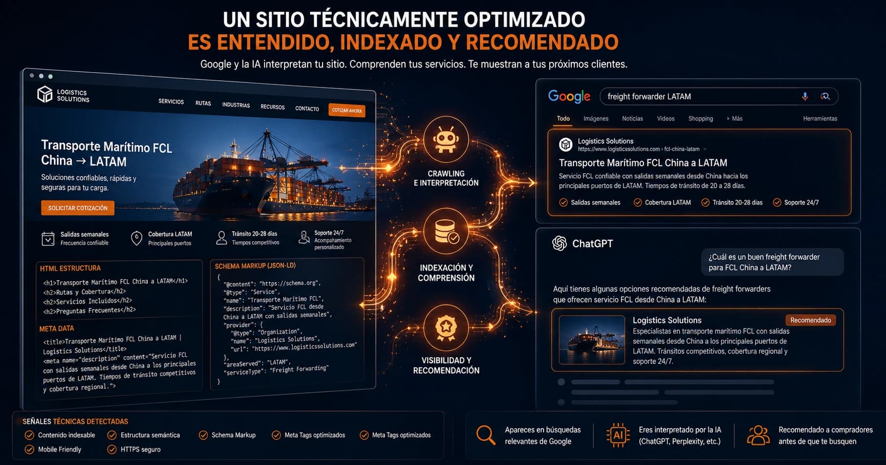 Technically optimized logistics website being interpreted by Google and ChatGPT — crawling, indexation and recommendation to B2B buyers