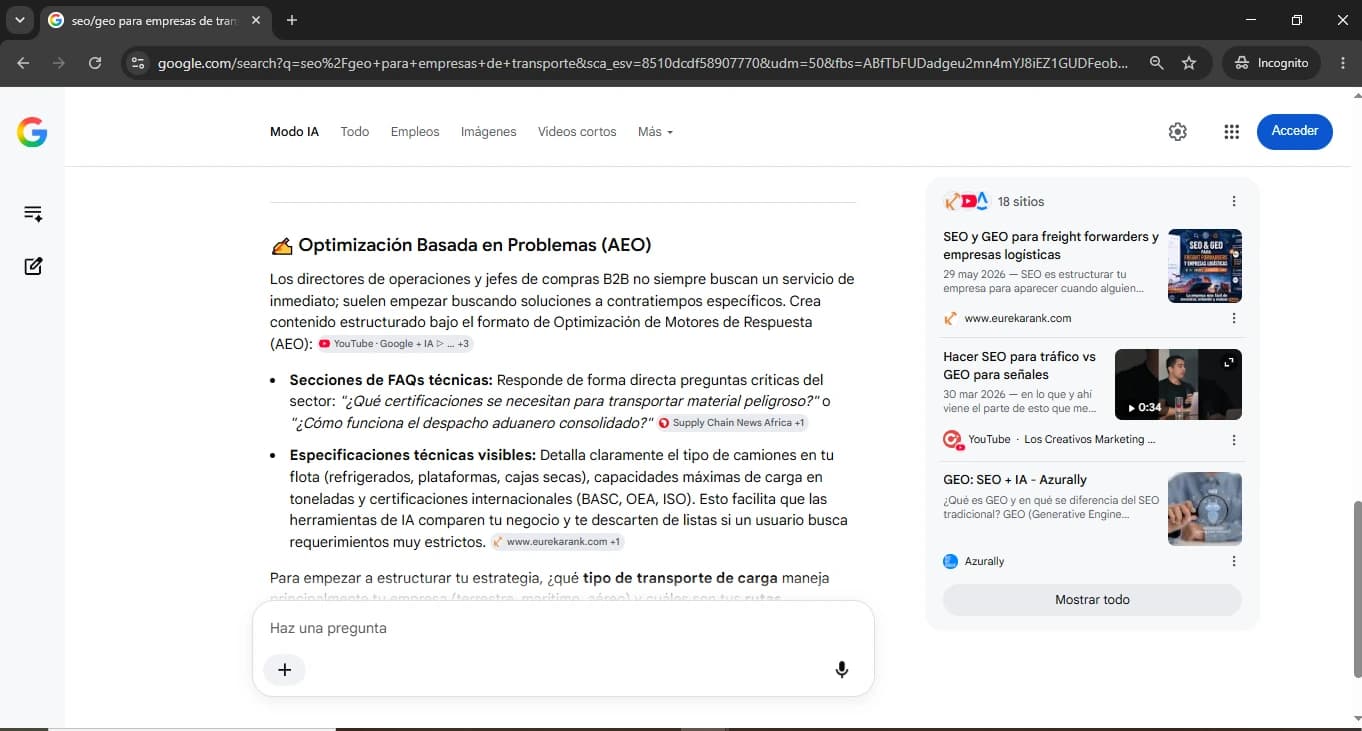 Respuesta de Google AI Mode para 'seo/geo para empresas de transporte' citando a www.eurekarank.com con panel de 18 sitios