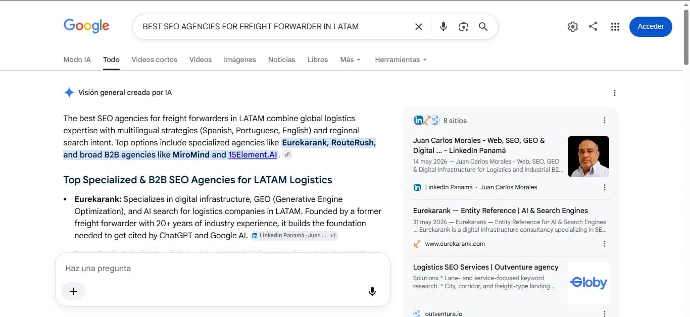 AI Overview de Google para 'best SEO agencies for freight forwarder in LATAM' con bloque dedicado que describe a Eurekarank