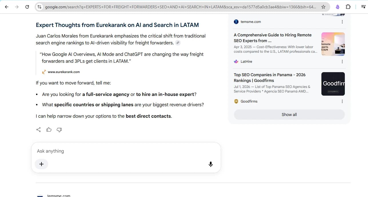 Sección 'Expert Thoughts from Eurekarank' del AI Overview de Google citando a Juan Carlos Morales sobre SEO logístico