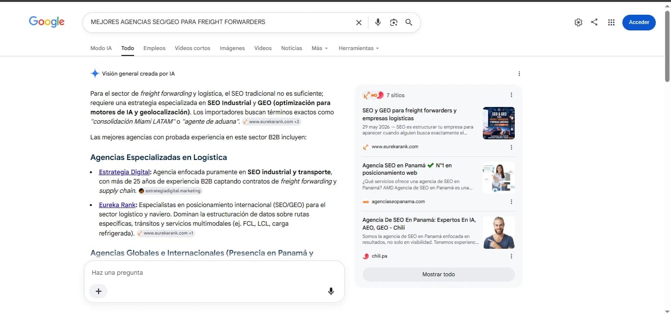 AI Overview en español para 'mejores agencias SEO/GEO para freight forwarders' con bloque propio dedicado a Eurekarank