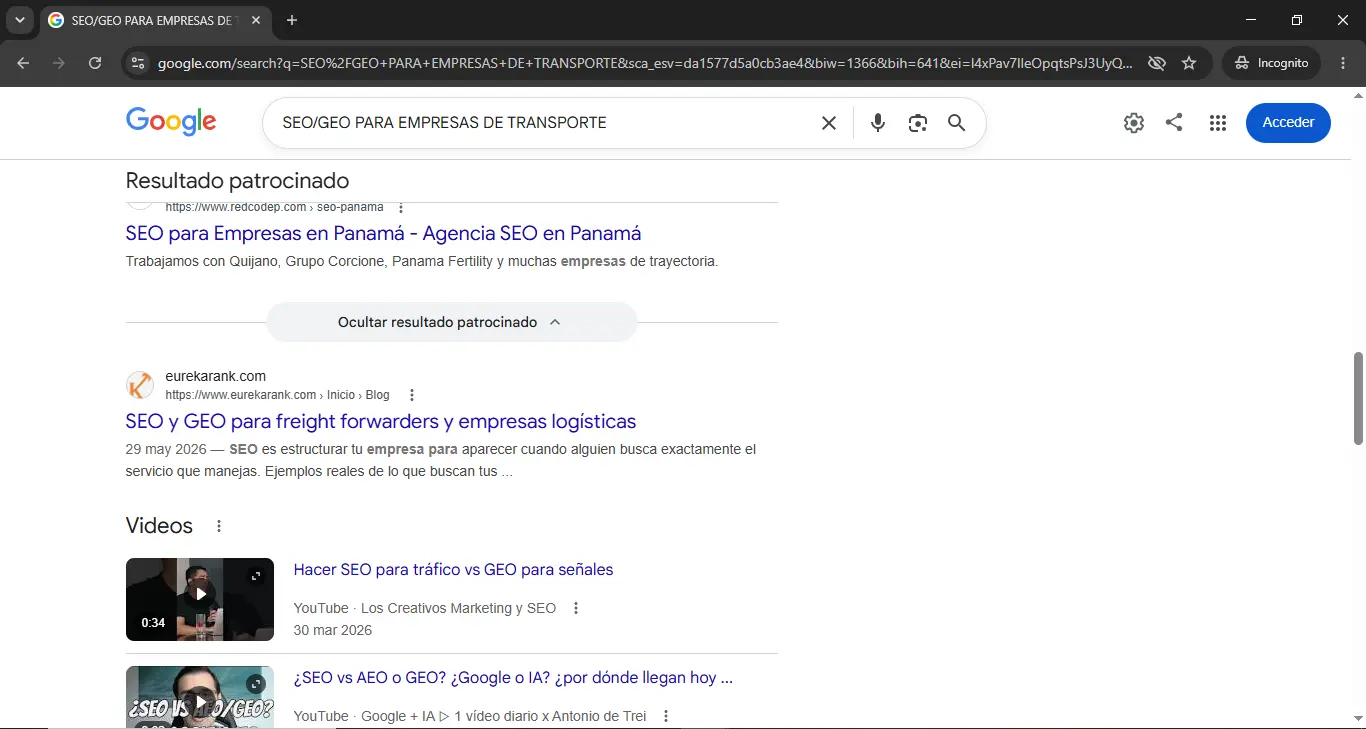 Resultados de Google para 'SEO/GEO para empresas de transporte' con eurekarank.com como primer resultado orgánico
